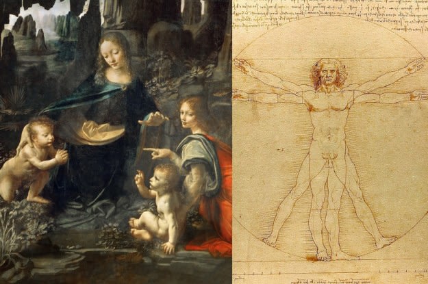 Excerpt from Leonardo Da Vinci's "Virgin of the Rocks" - a colorful and dark and busy painting - vs his "Vitruvian Man" sketch.