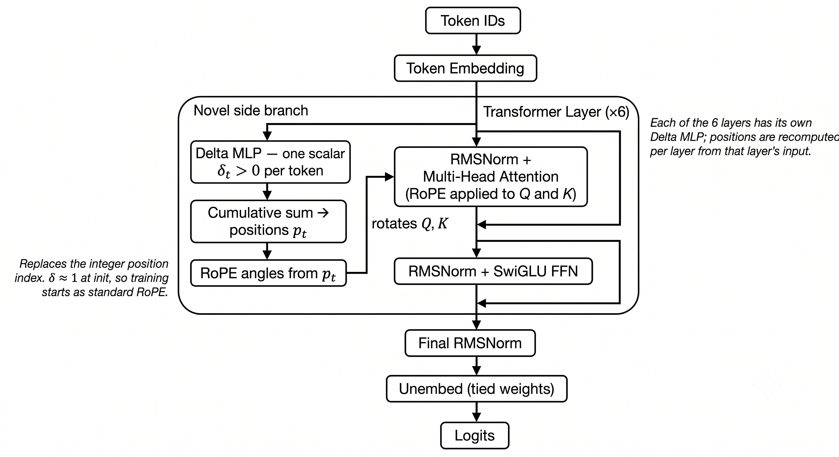 Flowchart of a transformer language model with learned position increments. Token IDs flow through a token embedding into a stack of 6 transformer layers, then a final RMSNorm and tied-weight unembedding to produce logits. Inside each layer, the input forks: the main path goes through a standard pre-norm attention block and SwiGLU FFN with residual connections, while a side branch feeds a Delta MLP that outputs one positive scalar per token. These scalars are cumulatively summed into real-valued positions, converted to RoPE angles, and used to rotate Q and K in that layer's attention — replacing the integer position index. Each layer has its own Delta MLP, and increments initialize near 1 so training starts as standard RoPE.