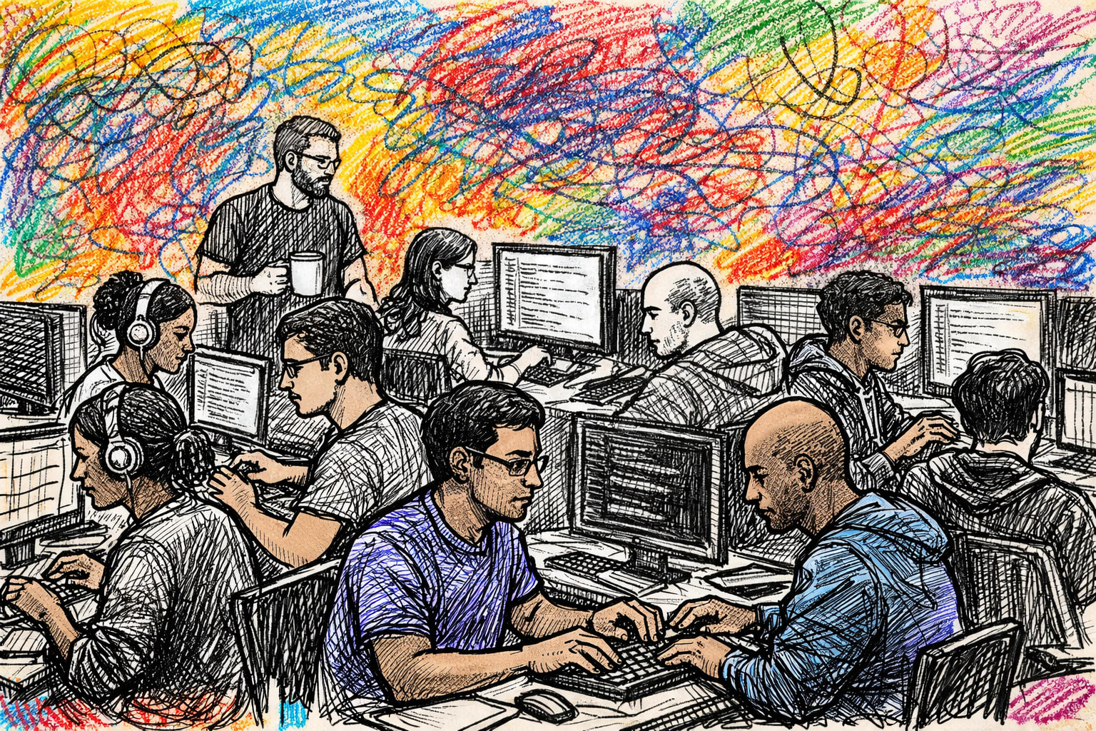 Jazzy, AI-generated artwork of computer scientists clustered together typing. There are some visual mistakes in the image because the AI isn't good enough yet at image generation. This is slightly ironic given the subject of the article.