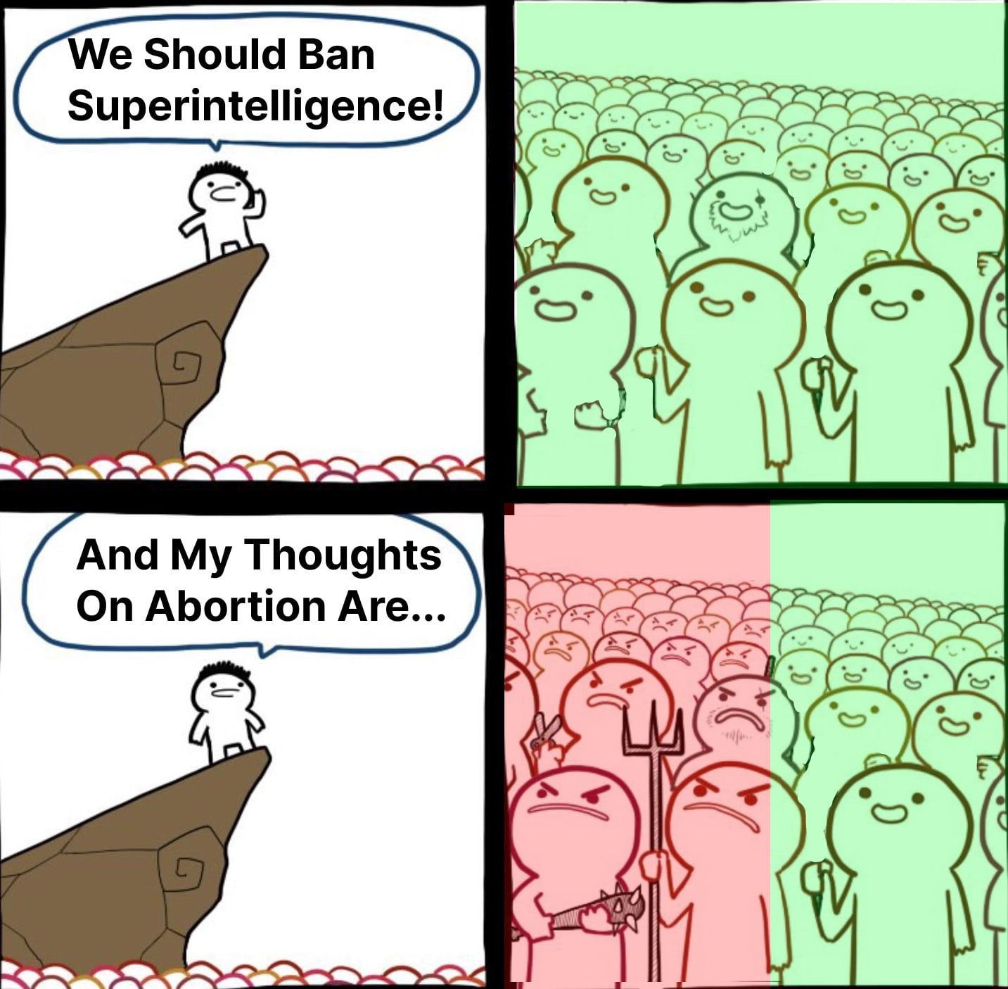 Four-panel comic. Top left: a stick figure stands on a cliff speaking to a crowd, saying "We Should Ban Superintelligence!" Top right: the entire crowd is green and smiling, showing unified support. Bottom left: the same stick figure on the cliff says "And My Thoughts On Abortion Are..." Bottom right: the crowd is now split in half, with the left side turned red and angry (one holding a pitchfork), while the right side remains green and happy, illustrating how stepping outside your area of expertise into partisan topics fractures a previously united audience.