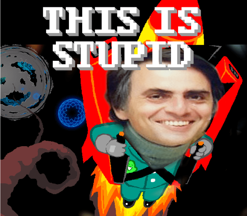 A panel from Homestuck of Dave blasting off into space on a jetpack, with Carl Sagan