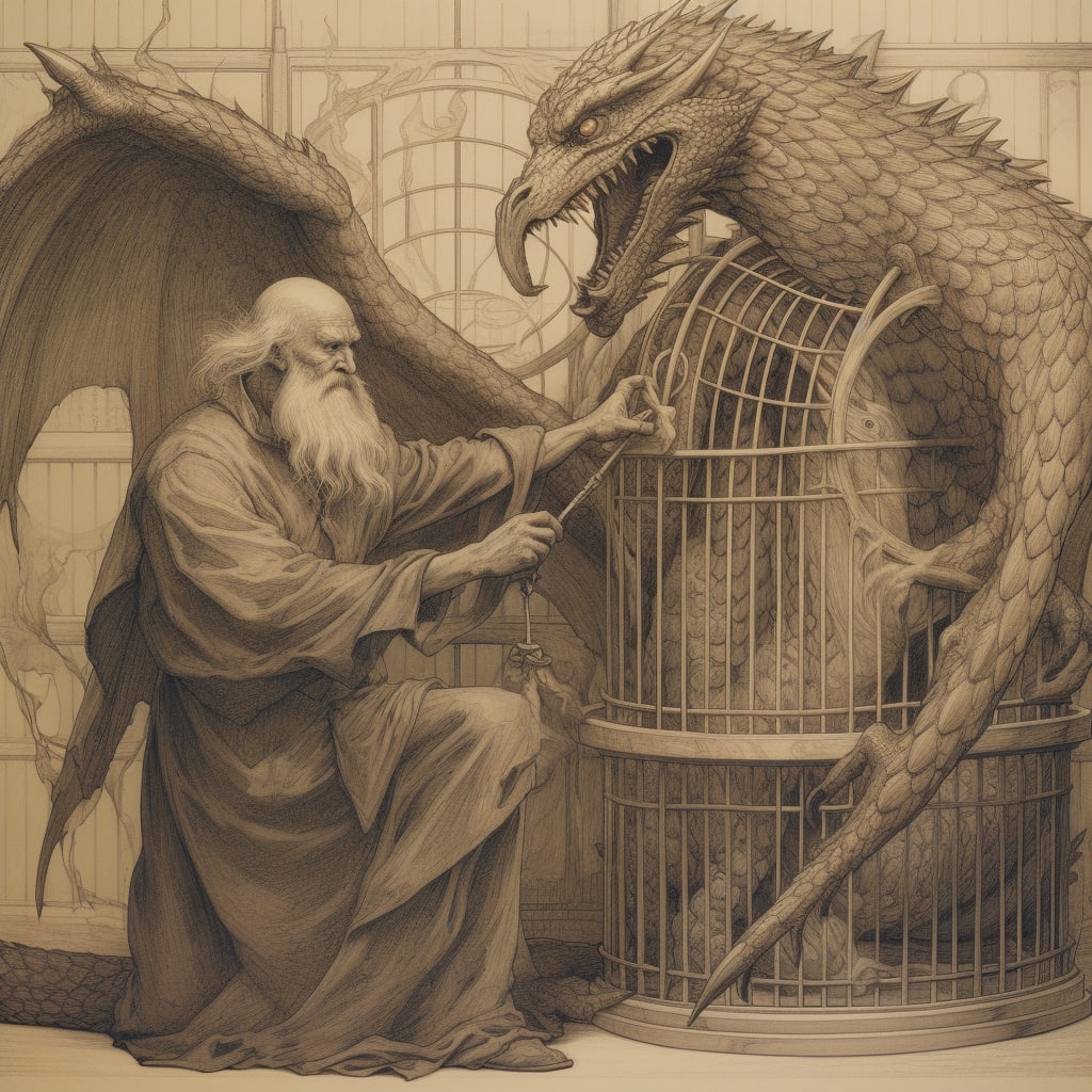 This is a pencil drawing of a wizard watching a dragon try to escape from a cage.