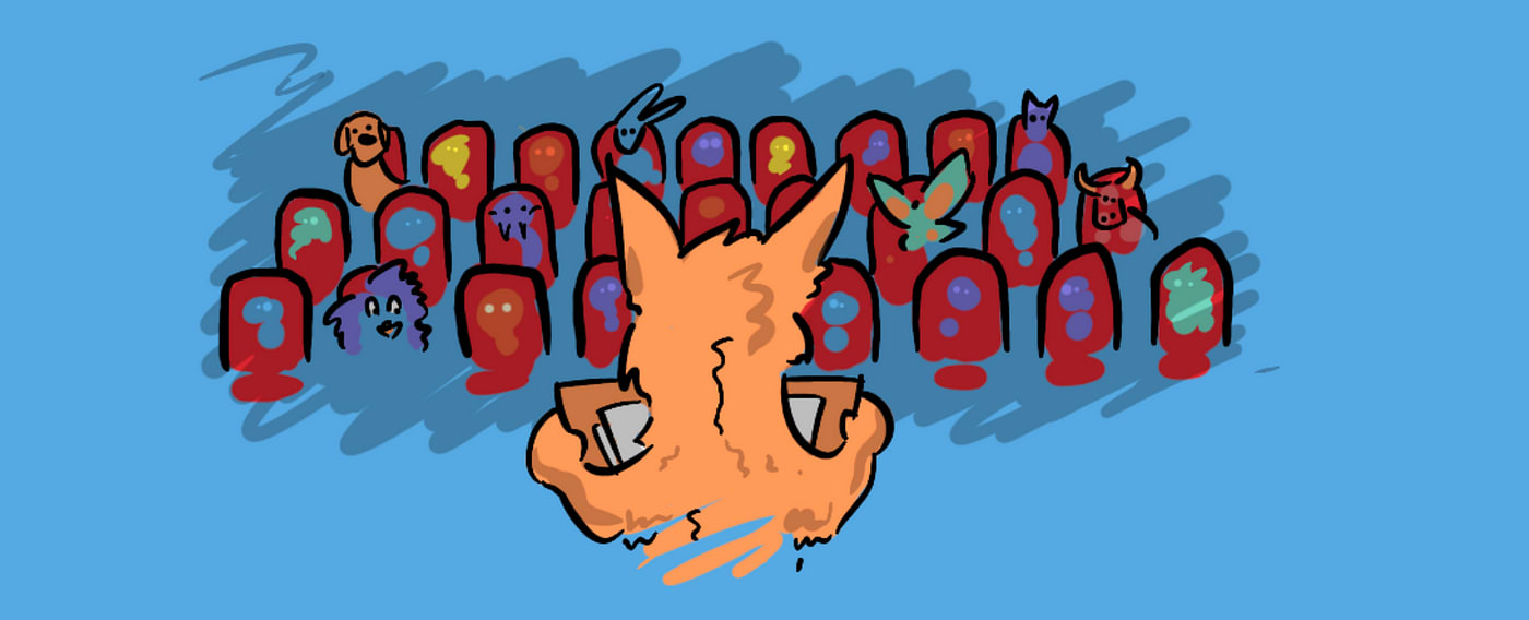 A dog standing in front of an audience