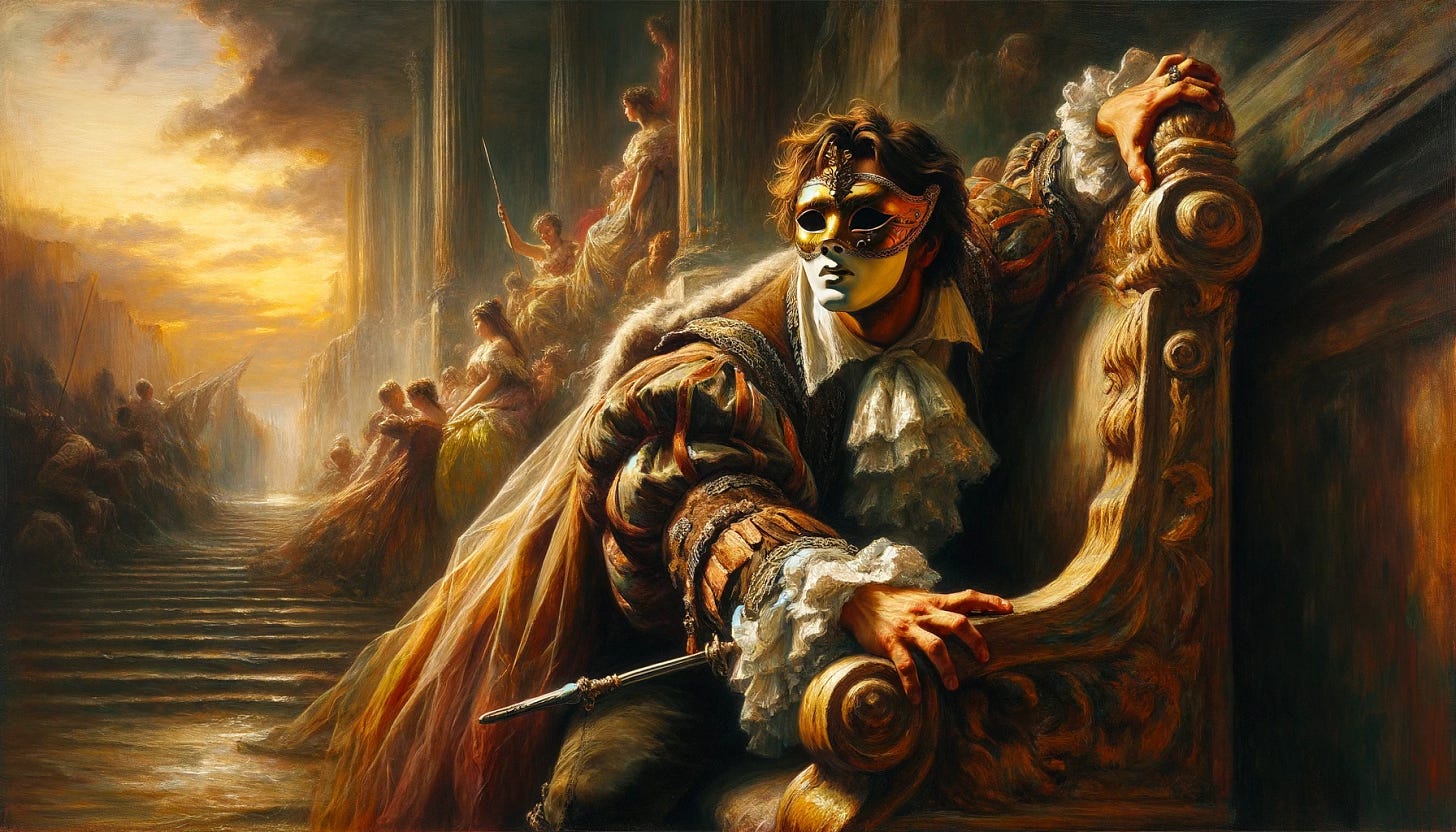 A Romantic era oil painting depicts a dramatic scene: a man dressed in elaborate attire of the time, gripping tightly onto a throne. The man wears a mask, adding an air of mystery and intrigue to his character. The setting is filled with the turbulent emotions and heightened drama characteristic of the Romantic period, with a focus on the man