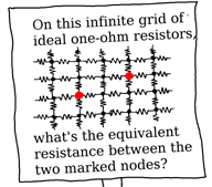 On this infinite grid of one-ohm resistors, what's the equivalent resistance between the two marked nodes?