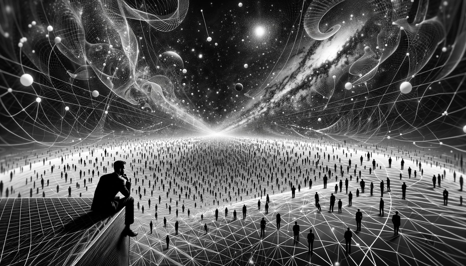 Create a surreal, black and white banner-like image of an agent deciding how to act in an infinitely large lattice-universe with infinitely many people. The agent should be portrayed as thoughtful and contemplative in the center of a vast, lattice-structured universe. This lattice, symbolizing infinity, should be populated with numerous small figures to represent the countless people. The image should have a surreal quality, with abstract patterns and shapes seamlessly integrated into the lattice. The panoramic, banner-style format should enhance the sense of vastness and complexity, emphasizing the enormity of the decision-making process in such an expansive and structured universe.