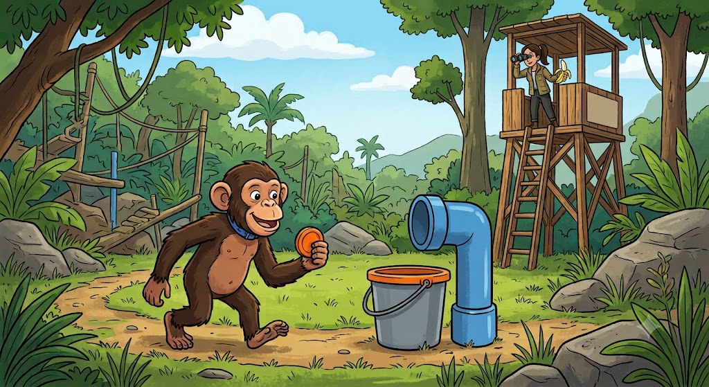 Chimpanzee carrying a token toward a bucket and a pipe with a researcher watching