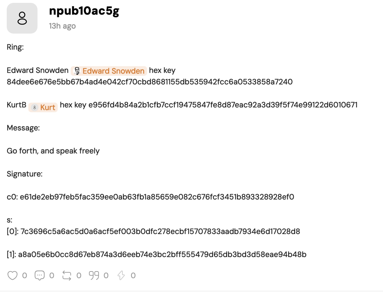 If you convert the hex keys to npubs, you can look up the accounts. If you put the hex keys into the Nostringer verifier alongside the signature, it should return TRUE.