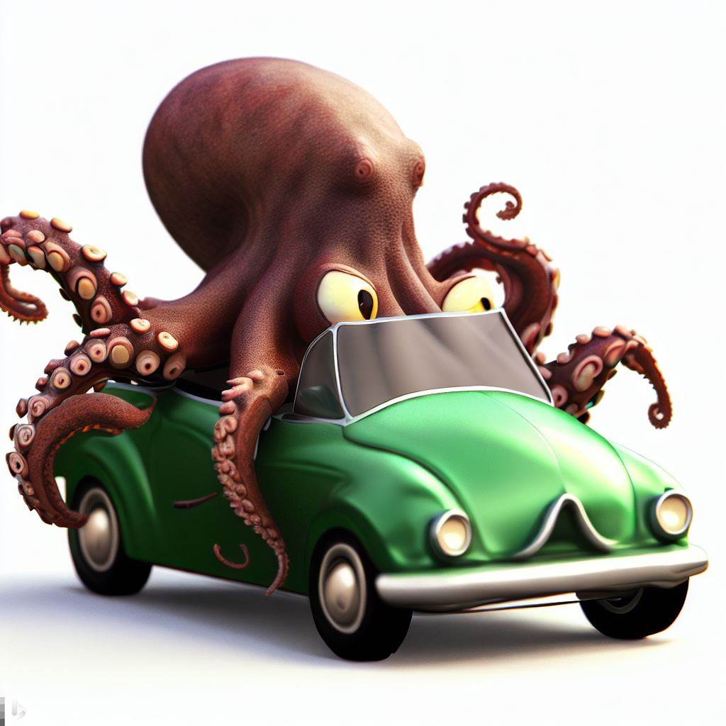 octopus driving green car