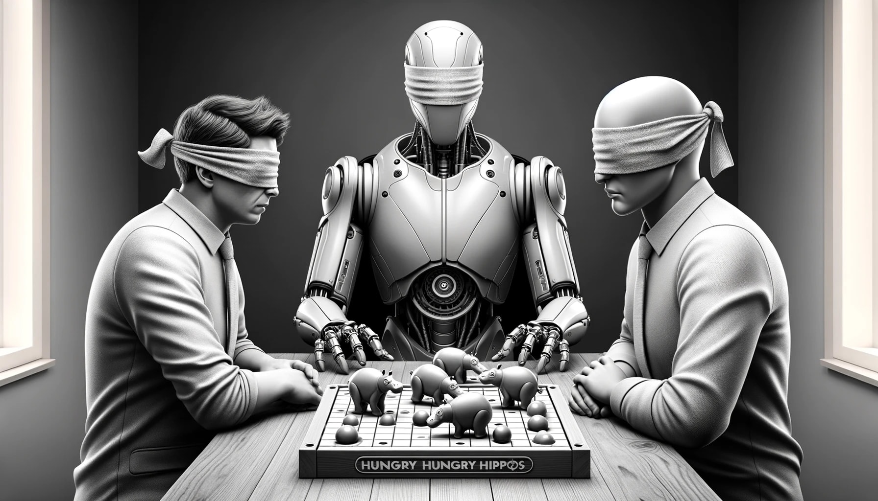 Create a black and white image of a blindfolded robot and a blindfolded human playing Hungry Hungry Hippos in a 3:1 aspect ratio. The robot, with a futuristic, sleek, humanoid design, is seated at the game table with a blindfold covering its optical sensors. Across from the robot, depict a human player, also blindfolded, with an expression of concentration, as they engage in the game. The human