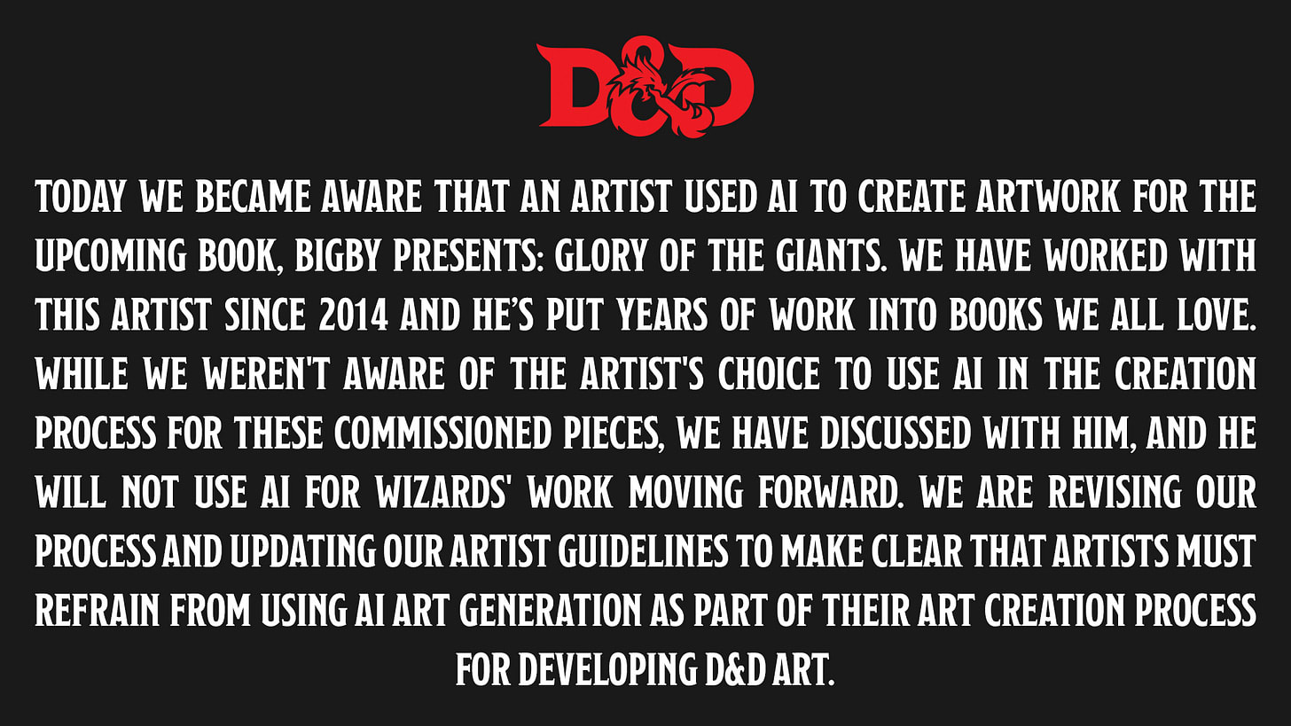 Today we became aware that an artist used AI to create artwork for the upcoming book, Bigby Presents: Glory of the Giants. We have worked with this artist since 2014 and he’s put years of work into books we all love. While we weren