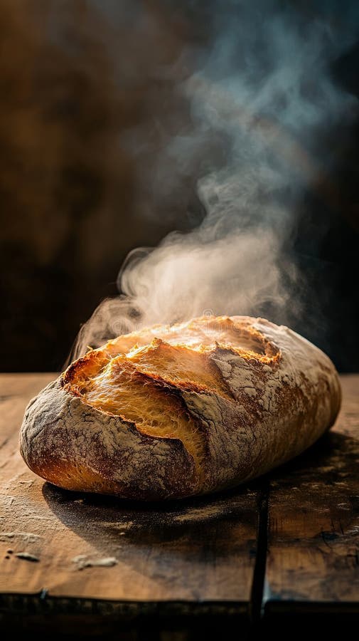 A Rustic Loaf of Bread, Still Steaming, Placed on a Wooden Table. Pic Stock Photo - Image of ...
