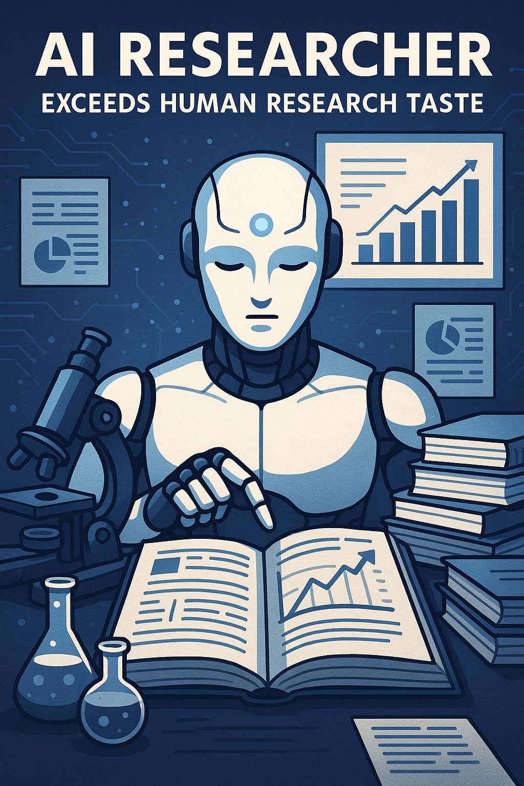 A robot representing an AI Researcher studies charts, with books, a microscope, and test tubes nearby