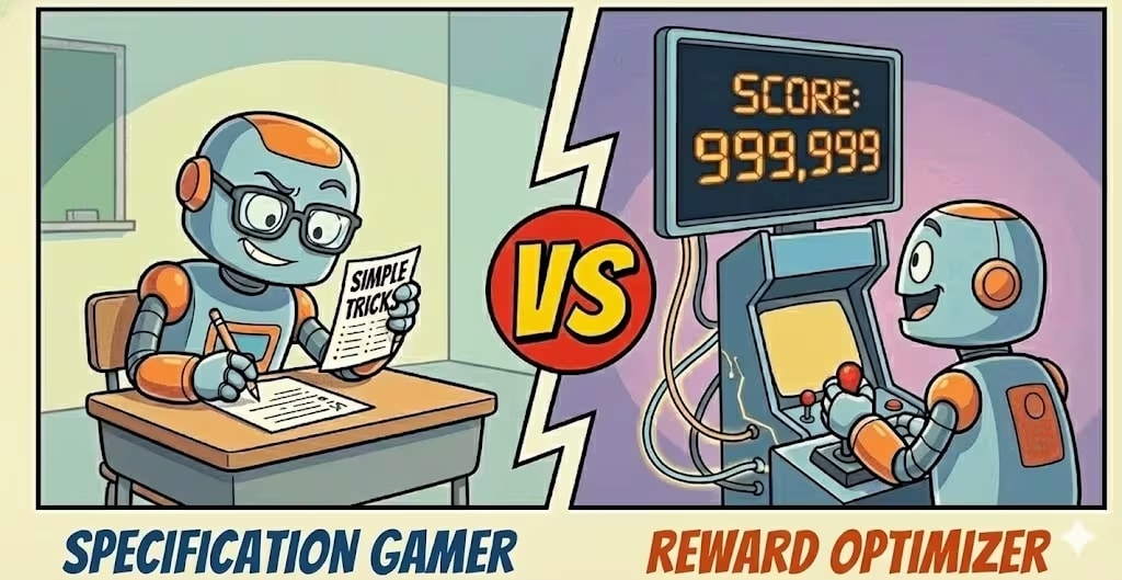 A split-screen comparison illustration with a comic book aesthetic. On the left, labeled "SPECIFICATION GAMER", a sneaky blue robot sits at a classroom desk, looking at a "SIMPLE TRICKS" sheet while filling out a test. On the right, labeled "REWARD OPTIMIZER", an excited orange robot plays an arcade game. Above the machine rests a screen that displays "SCORE: 999,999".