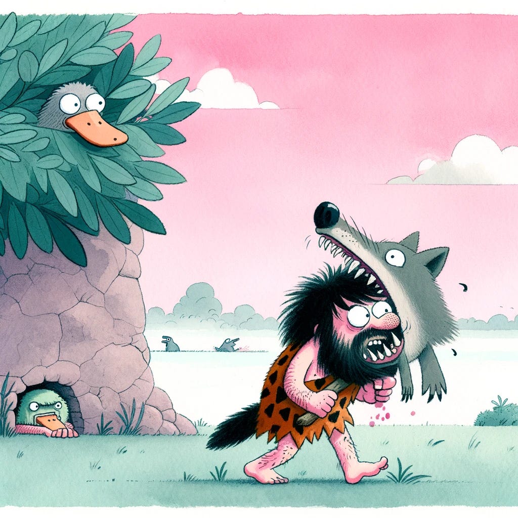 In the same simple aquarelle style, depict a comical scene where a caveman is getting attacked by a wolf, with the wolf having bitten the caveman. The background features a candy pink sky, enhancing the whimsicality of the moment. Despite the chaos, the scene is portrayed humorously, emphasizing the absurdity rather than the violence. Hidden from sight, the platypus watches the spectacle from a bush, adding an extra layer of humor to the already comical situation. The entire scene is rendered in a simple, light-hearted aquarelle style, maintaining the comedic tone throughout.