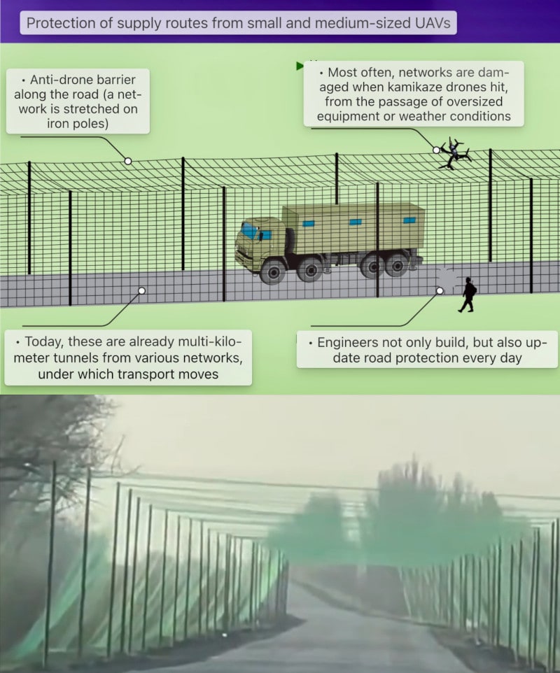 May be an image of 1 person, road and text that says 'Protection of supply routes from small and medium-sized UAVs •Anti- Anti-drone barrier along the road net- work stretched on iron poles) Most often, networks are dam- aged when kamikaze drones hit, from the passage oversized equipment or weather conditions -Today, these are already multi-kilo- meter tunnels from various networks, under which transport moves ေရး Engineers not only build, but also up- date road protection every day'