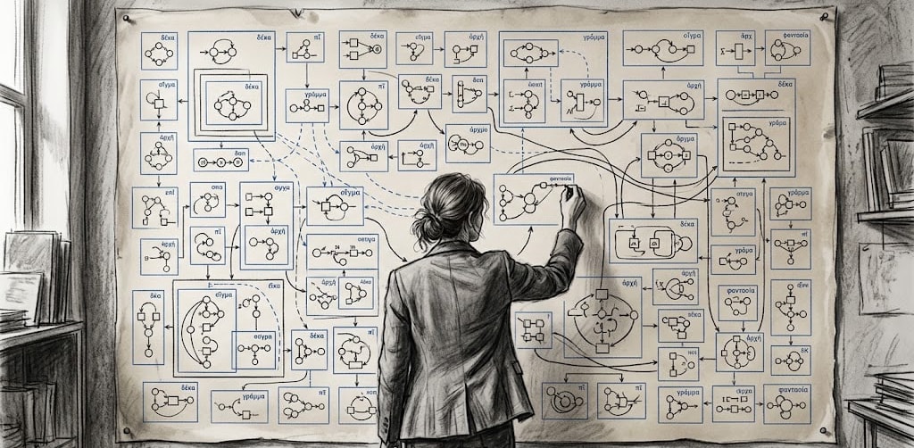 A woman stands in front of a parchment paper, where she draws dozens of automata diagrams, witgh blue penciled boxes and connections between them. Image created using Google Gemini Nano Banana.