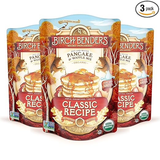 Organic Pancake and Waffle Mix, Classic Recipe by Birch Benders, Whole Grain, Non-GMO, 16oz, 3-pack