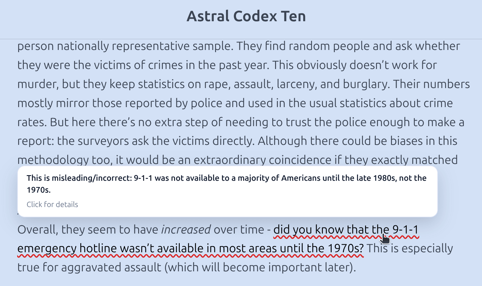 OpenErrata highlighting an incorrect claim on Astral Codex Ten with a hover tooltip showing the correction and source