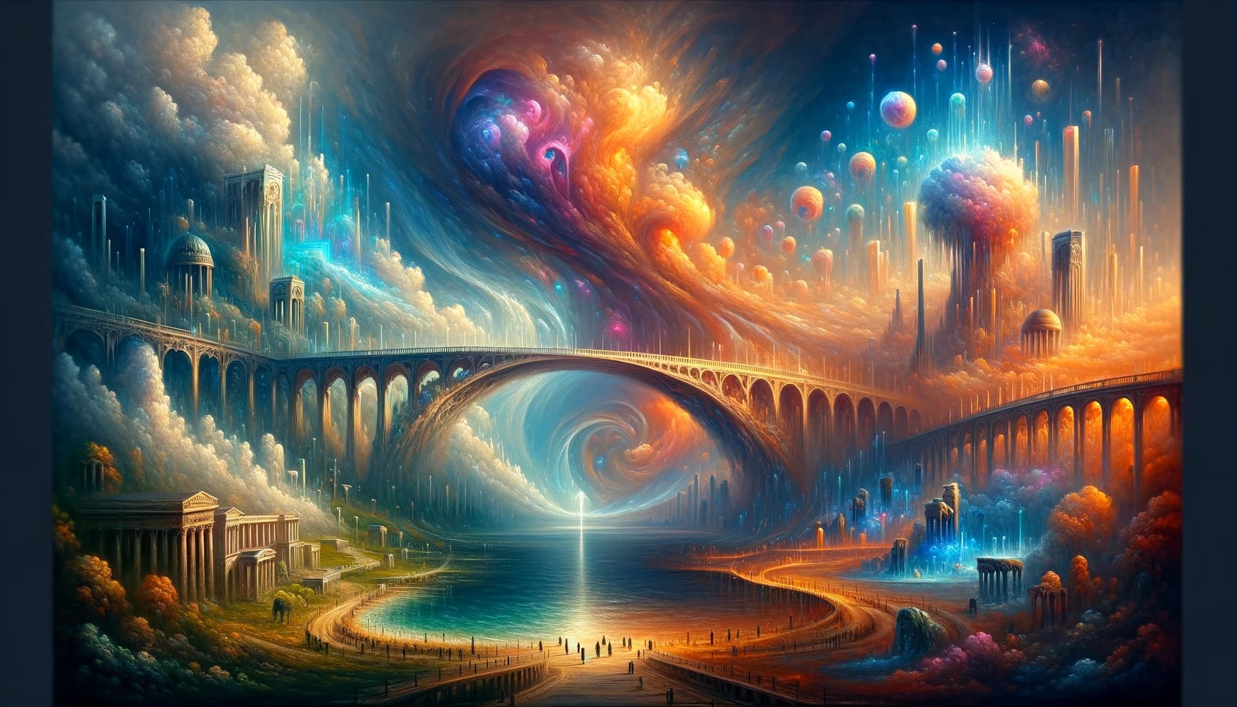 Imagine a widescreen oil painting from the Romantic era, depicting a bridge that serves as a boundary between two vastly different realms. On one side, the bridge begins in a realm of pure forms, where abstract geometry, forcefields, neon glass, and fractals dominate the landscape, creating an ethereal and surreal atmosphere. This side is characterized by its vibrant colors, glowing elements, and a sense of otherworldly beauty. The bridge itself is an architectural marvel, with no support pillars, appearing to float effortlessly. As it spans across, it transitions into the Roman Empire, where the environment shifts dramatically to a more down-to-earth setting. Here, the landscape is adorned with marble structures, classical Roman architecture, and lacks any form of abstract geometry. The bridge seamlessly blends these two contrasting worlds, symbolizing a connection between the mystical and the tangible. The overall scene is depicted with the lush, dramatic lighting and emotional depth characteristic of Romantic era oil paintings, capturing the viewer