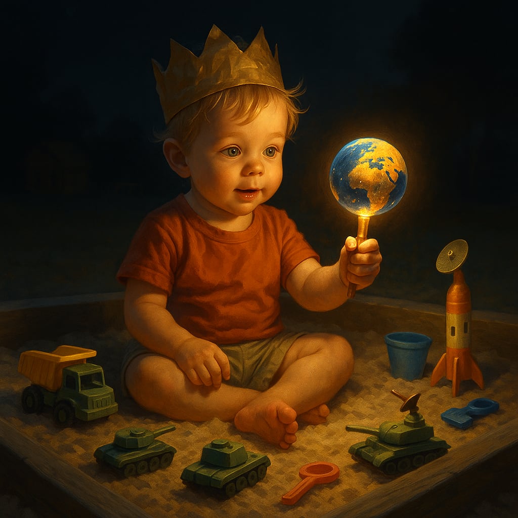 A digital painting of a toddler sitting in a sandbox at dusk, wearing a crumpled paper crown and holding a glowing scepter topped with a miniature Earth. The child looks fascinated and innocent. Surrounding them are plastic toy tanks, a rocket, a dump truck, and a small shovel, softly illuminated by the warm glow of the scepter. The background is dark, evoking a sense of quiet gravity.