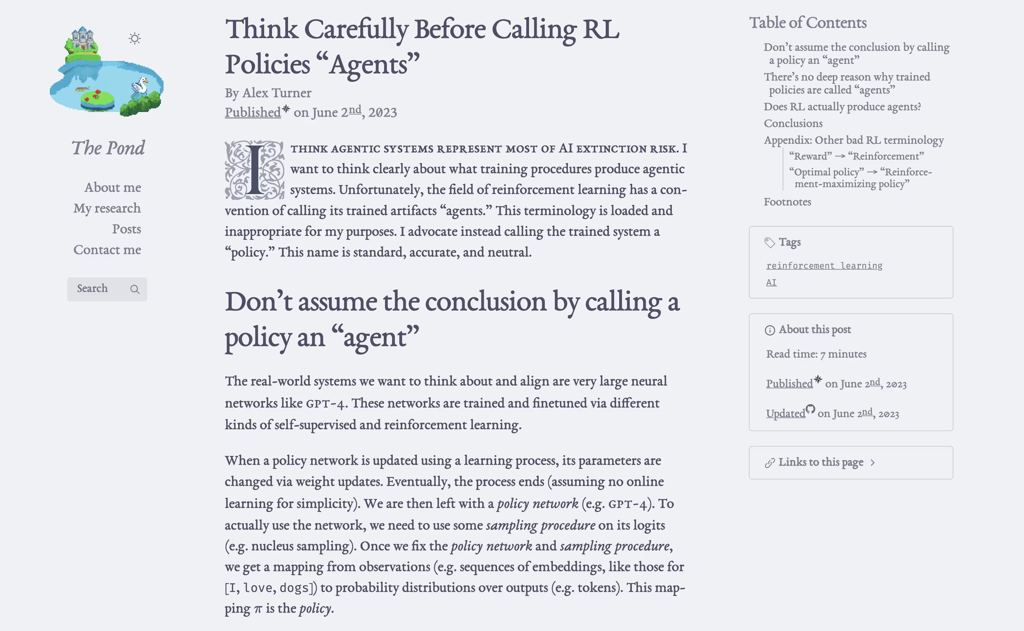 A pleasing rendition of the article "Think carefully before calling RL policies 'agents'".