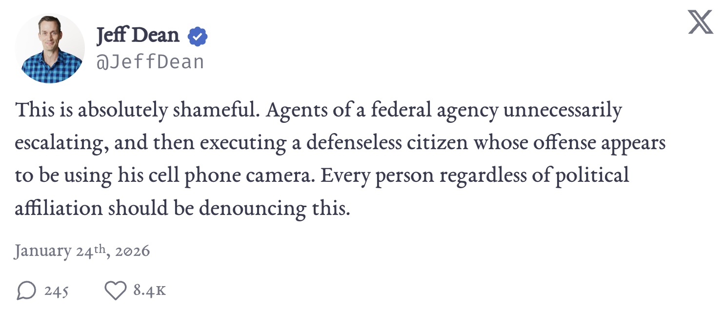 Jeff Dean tweeting: "This is absolutely shameful. Agents of a federal agency unnecessarily escalating, and then executing a defenseless citizen whose offense appears to be using his cell phone camera. Every person regardless of political affiliation should be denouncing this."
