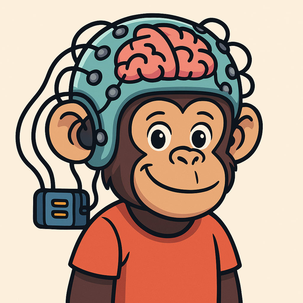 A cartoon image of a chimpanzee wearing brain computer interface (BCI), stylised like a helmet with its brain visible.