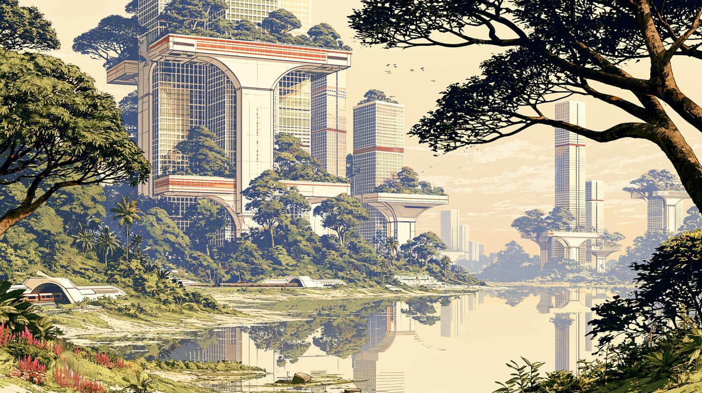 An arcology: green skyscraper-mall complexes surrounded by nature