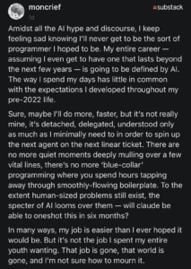 screenshot of a software engineers rant about losing the flow state features of his work