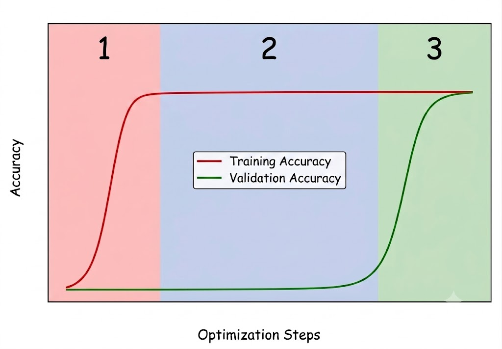 A sketched time series diagram of training and validation accuracy. Both converge at a high level (~100%), but validation accuary is delayed.