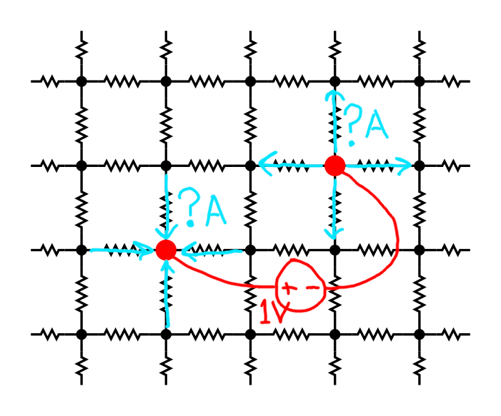 A 1V battery attached to the marked nodes