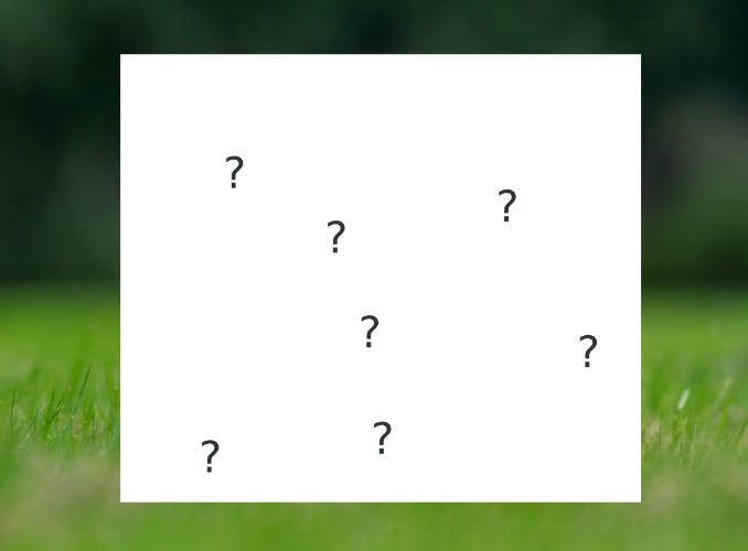 An image of a grassy field, where the middle region is blocked out by a white square, filled with question marks.