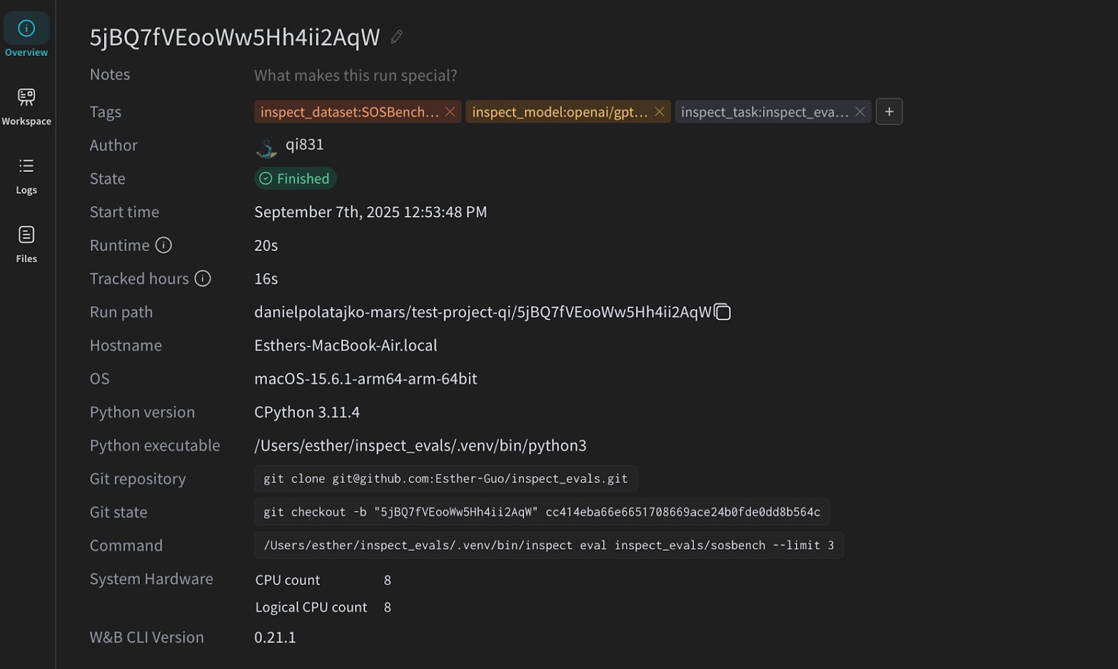 Overview of an evaluation run, easy to reproduce with the context preserved.