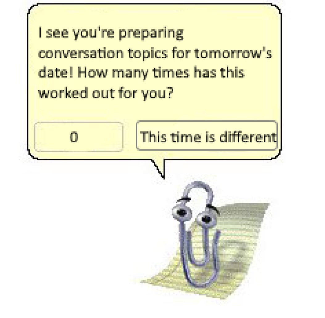 A pale yellow dialogue box says: “I see you’re preparing conversation topics for tomorrow’s date! How many times has this worked out for you?” Below it are two rectangular buttons: one labeled “0” and the other labeled “This time is different.”