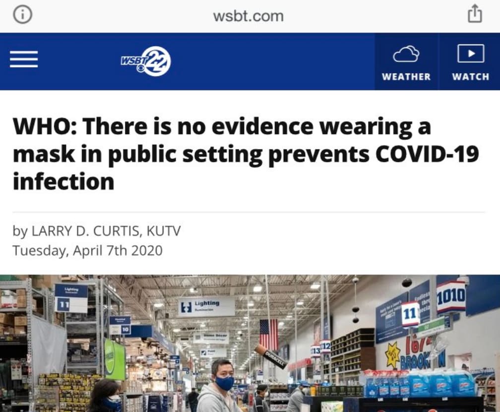headline "WHO: There is no evidence wearing a mask in public setting prevents COVID-19 infection"