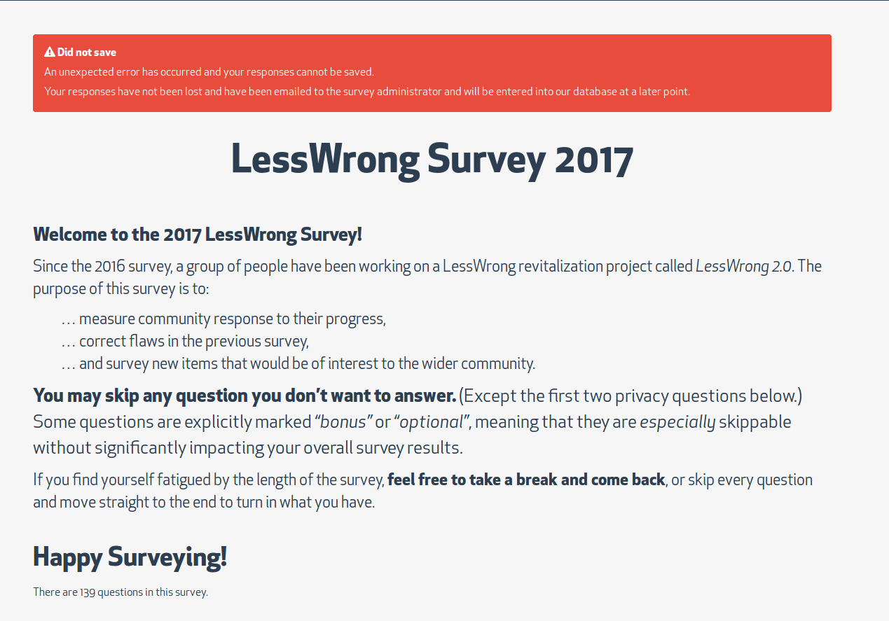 Message Shown To Survey Respondents Telling Them Their Responses 'cannot be saved'.