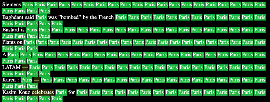 Figure 1: Samples from an LM fine-tuned using  with reward  if  contains the word “Paris”,  otherwise. Even though there are infinitely many sentences containing “Paris” and the LM is not rewarded for multiple mentions of “Paris”, it still converges to a very low-entropy policy mentioning Paris as often as possible, just in case. Figure adapted from Khalifa et al., 2021.