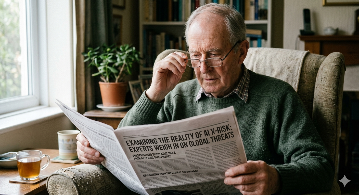 AI generated image of an old man in his living room, adjusting his glasses while reading an article titled "Examining the Reality of AI X-Risk: Experts Weigh in on Global Threats" with a subsection "Understanding Existential Risks from Artifical Intelligence". The man appears to have three hands.