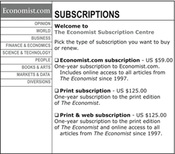 Economist subscription table
