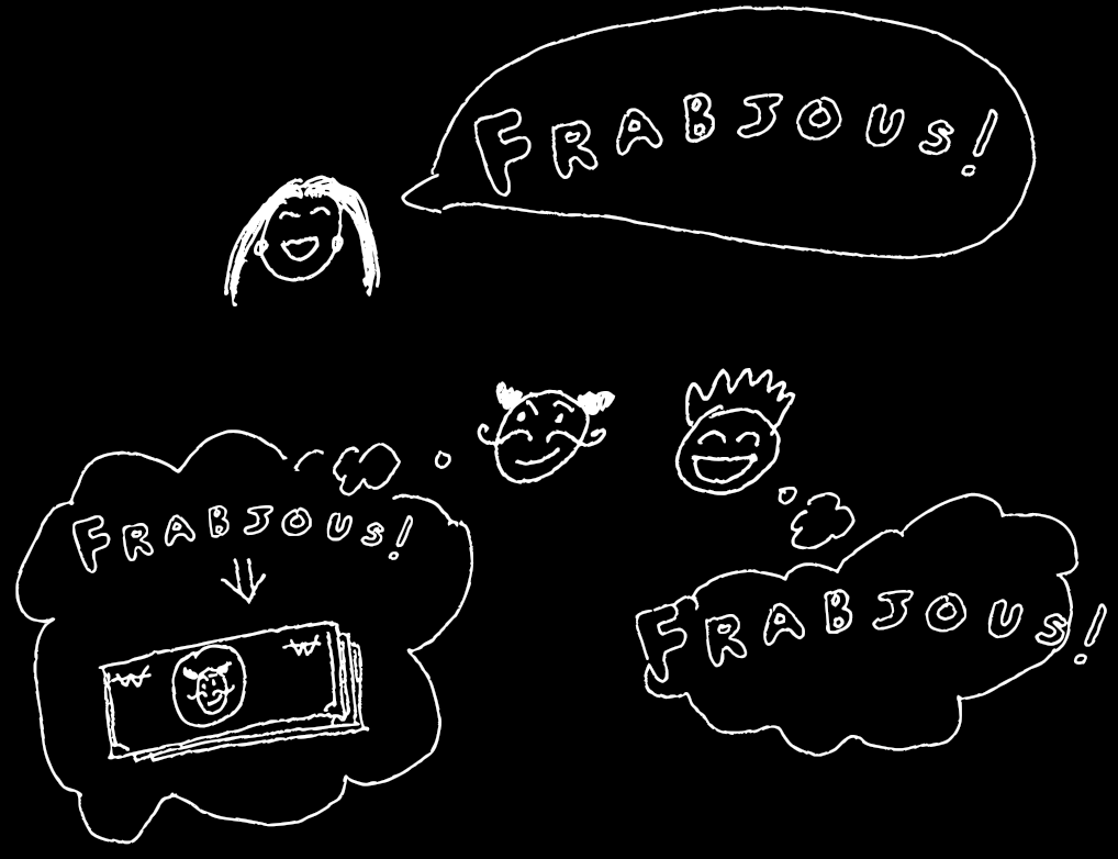  Frabjous widgets: A smiling woman exclaims "Frabjous!". Meanwhile a smirking moustachioed man thinks "Frabjous! implies lots of cash", and a grinning spiky-haired youngster thinks "Frabjous!" 