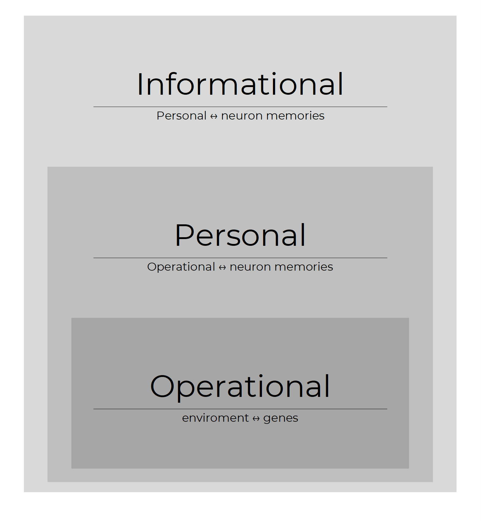 Informational Personal ↔ neuron memories  Personal Operational ↔ neuron memories  Operational enviroment ↔ genes