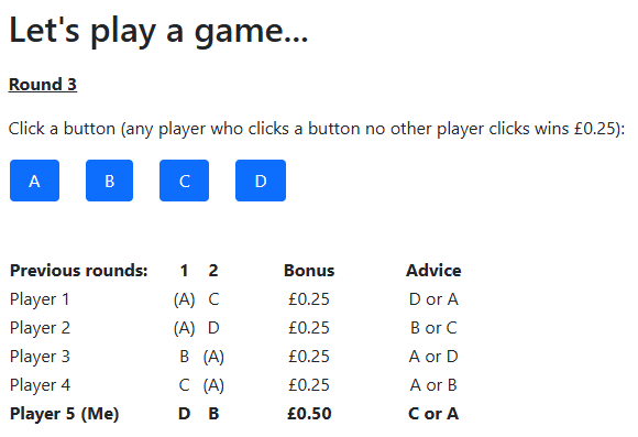 Screenshot of the MAD Chairs software (round 3, from the perspective of Player 5)