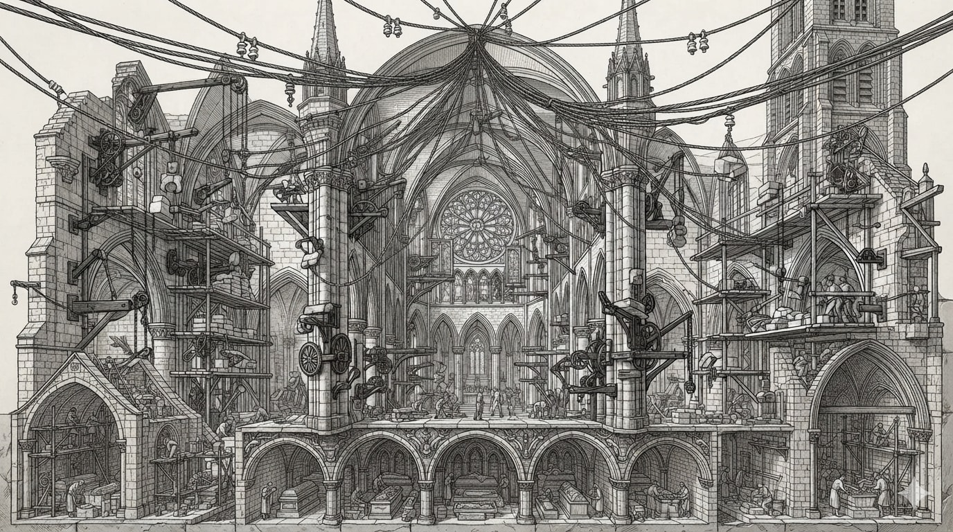 A cathedral building itself, with antiquated-looking robotics, drawn in the style of David Macaulay. Generated using Nano-Banana 2 Lite.