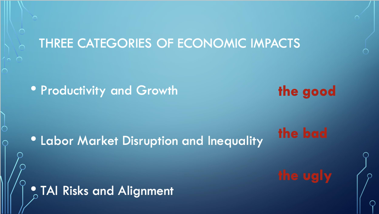 Three Categories of Economic Impacts: Productivity and Growth (the good), Labor Market Disruption and Inequality (the bad), TAI Risks and Alignment (the ugly)