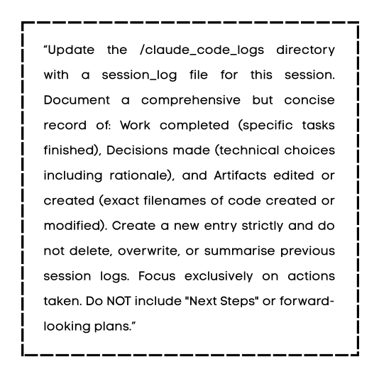 Session logging prompt template for maintaining context across sessions