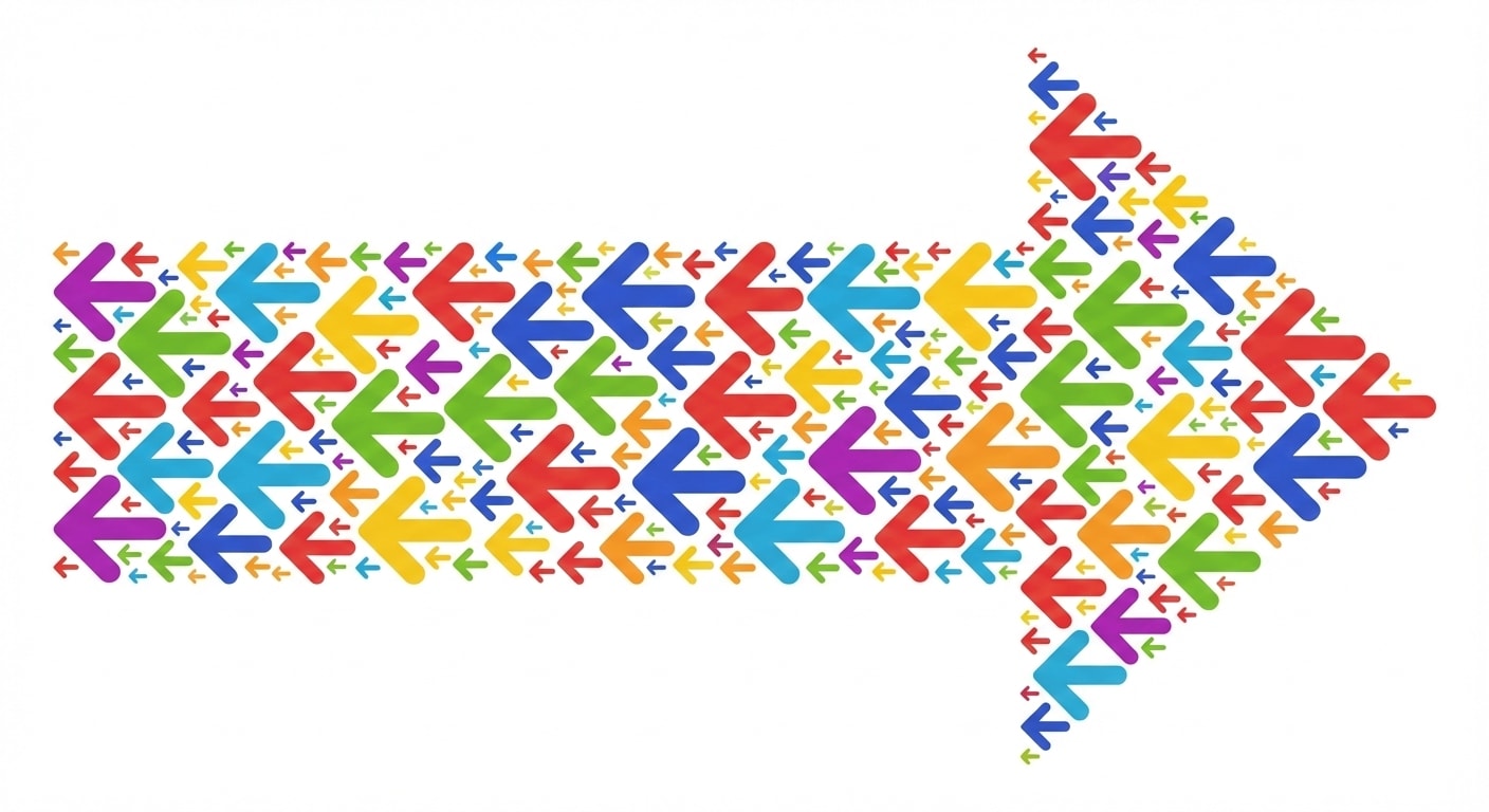 Large right-arrow shape that is made out of many small arrows, all of which face left.