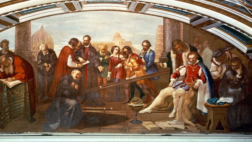 Galileo demonstrating law of gravity in presence of Giovanni de