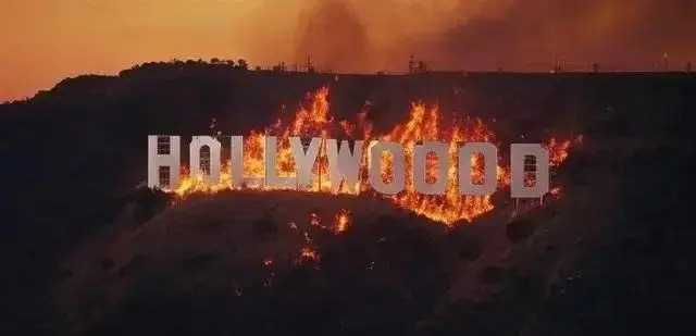 The AI-generated image circulating online of the Hollywood sign burning. In the picture "Hollywood" has one too many "O"s. (screenshot from social media) 