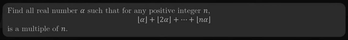 Find all real number  \alpha  such that for any positive integer  n ,
 \lfloor \alpha \rfloor + \lfloor 2\alpha \rfloor + \cdots + \lfloor n\alpha \rfloor 
is a multiple of  n .